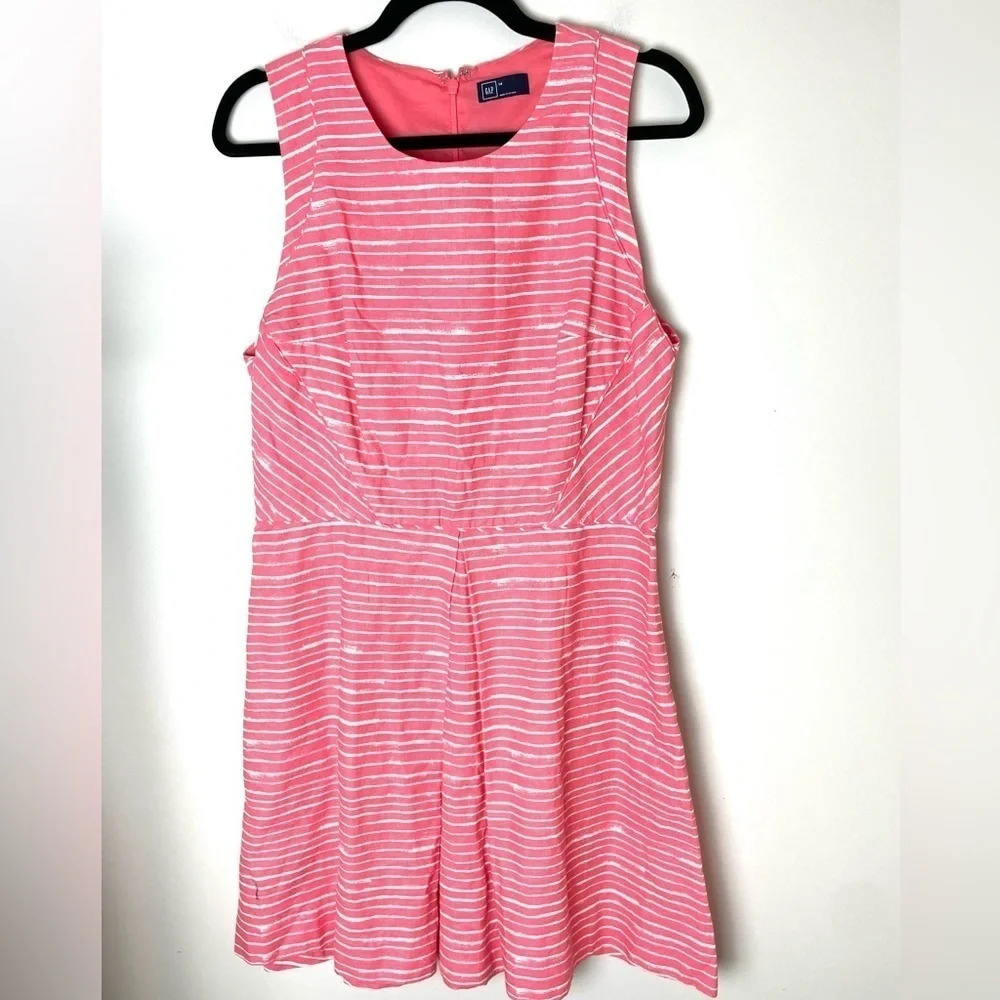 GAP | Pink & White Striped Linen Cotton Blend Pleated Sleeveless Dress Size 14